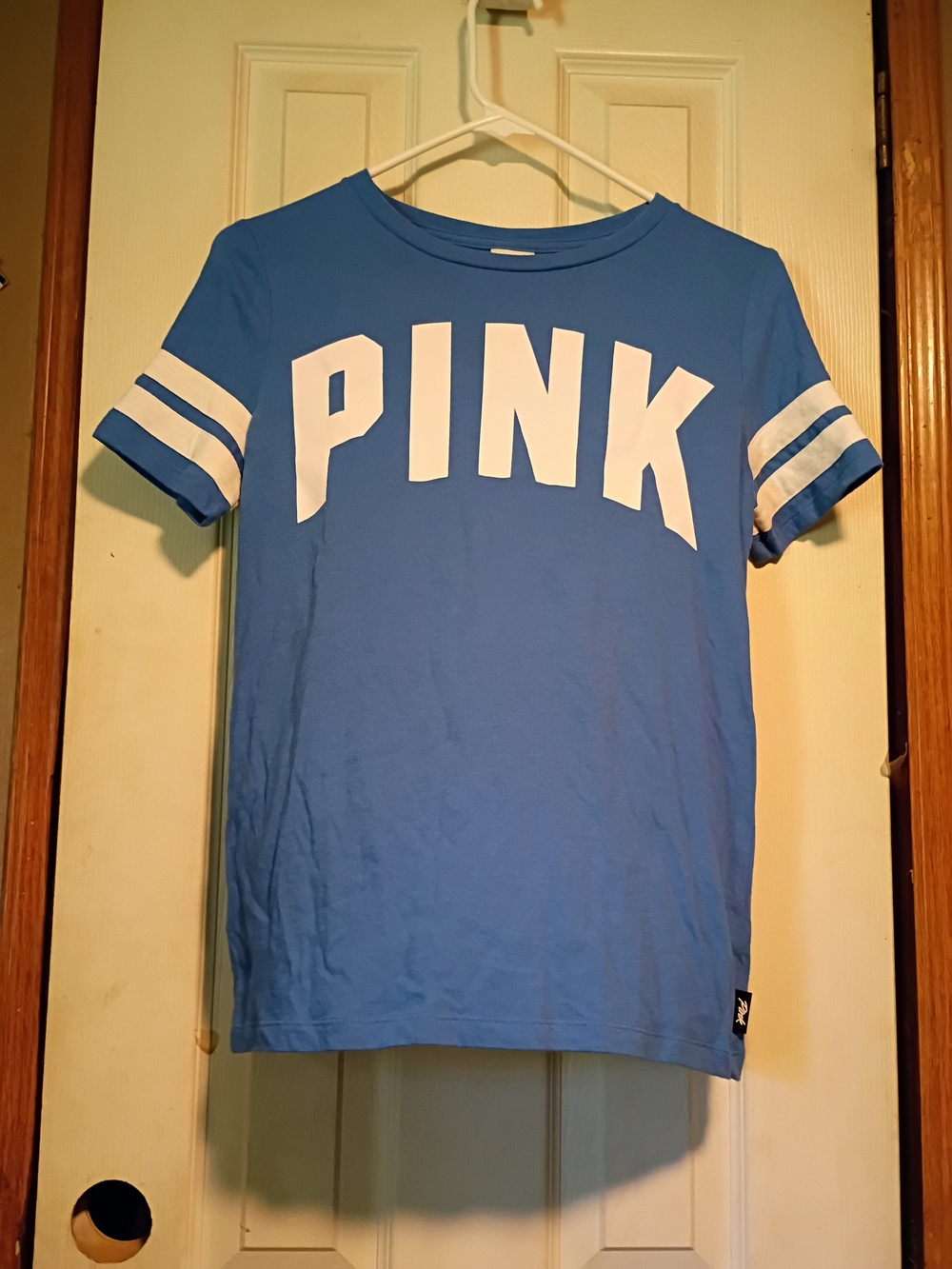 PINK Victoria's Secret Light Blue Logo Tee with White Sleeve Stripes